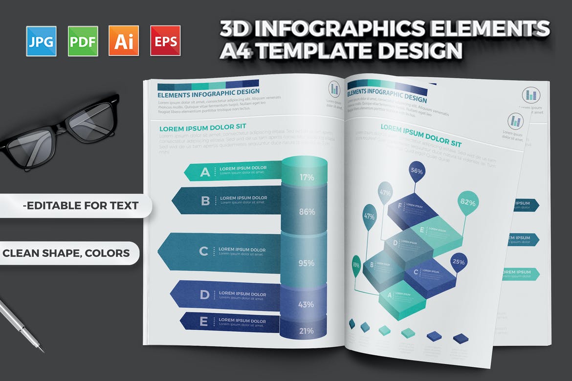 3D Infographics Elements A4 Template Design